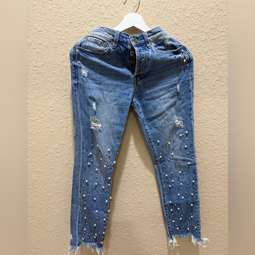 Pistola Blue Skinny Jeans with Distressed and Pearl Details